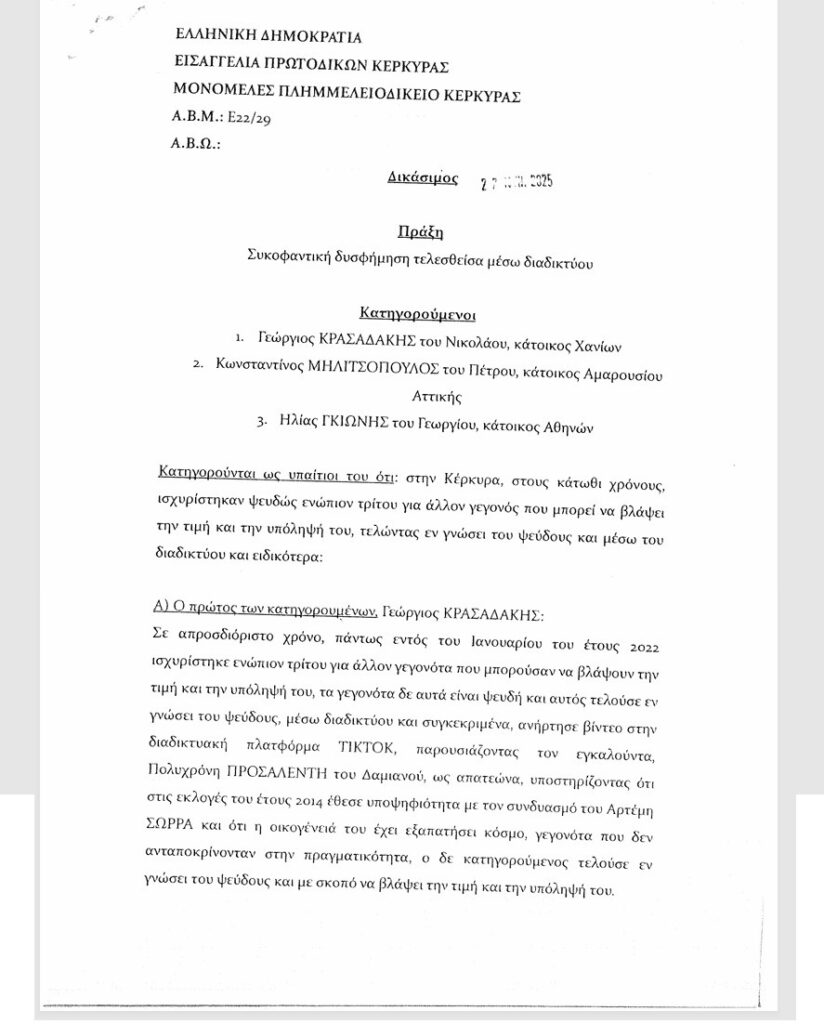 μηνυση χρονη προσαλεντη κατα γιωργος κρασαδακης, κωνσταντινος μηλιτσοπουλοςκαι ηλιας γκιωνης